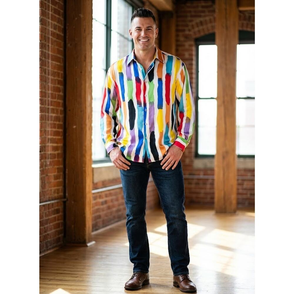 Vintage Genelli Mens 100% Silk Multicolor Brushstroke Button Down Shirt Large